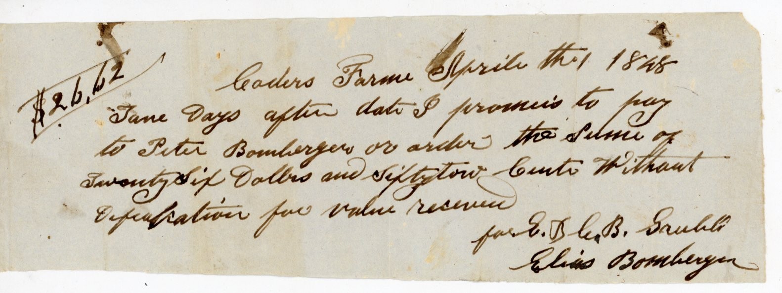 1848 Handwritten Promissory Note  Leaders Farm PA Elias Bamberger Pennsylvania