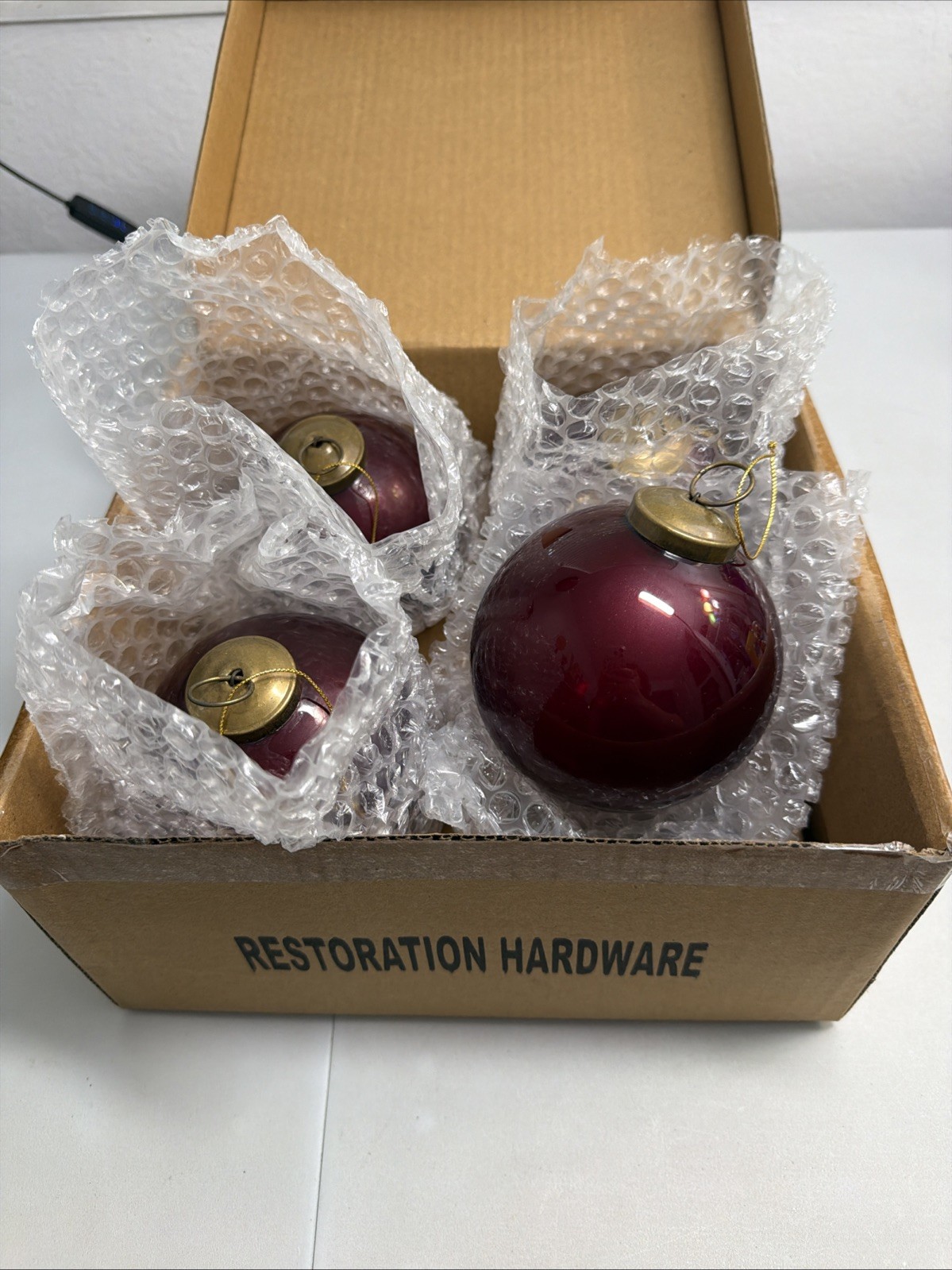 x4 Vintage RH Restoration Hardware 4” Pearl Red Glass Ball Christmas Ornaments x4 Vintage RH Restoration Hardware 4” Pearl Red Glass Ball Christmas Ornaments