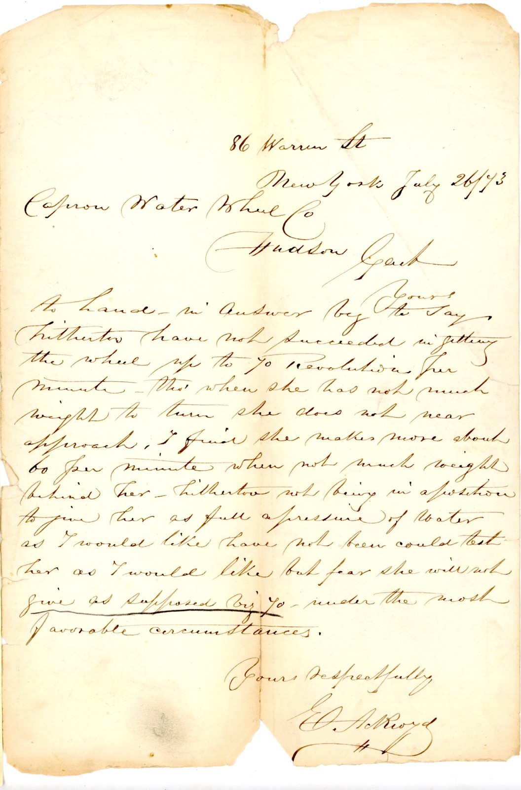 1843 New York Letter Capron Water Wheel Co Hudson Early Industrial Engineering 1843 New York Letter Capron Water Wheel Co Hudson Early Industrial Engineering