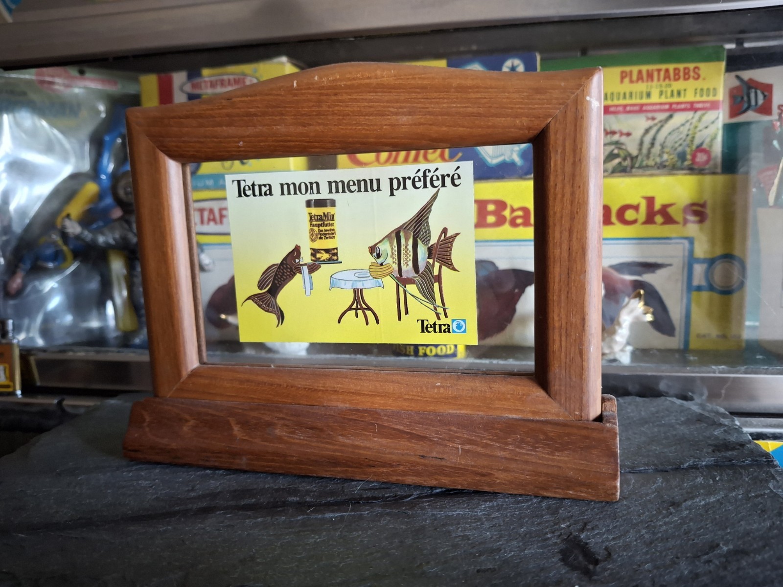 Vintage Aquarium 1980's TetraMin Fish Food Advertising Sticker Framed Tabletop Vintage Aquarium 1980's TetraMin Fish Food Advertising Sticker Framed Tabletop