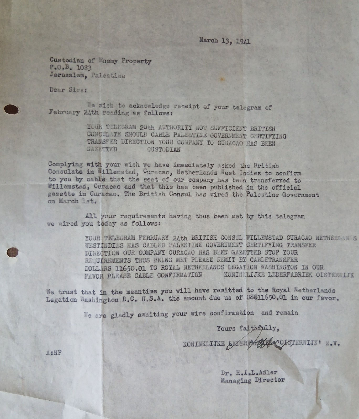 1941 Palestine Custodian Enemy Property Letter WWII Oisterwijk Adler Dutch Firm 1941 Palestine Custodian Enemy Property Letter WWII Oisterwijk Adler Dutch Firm