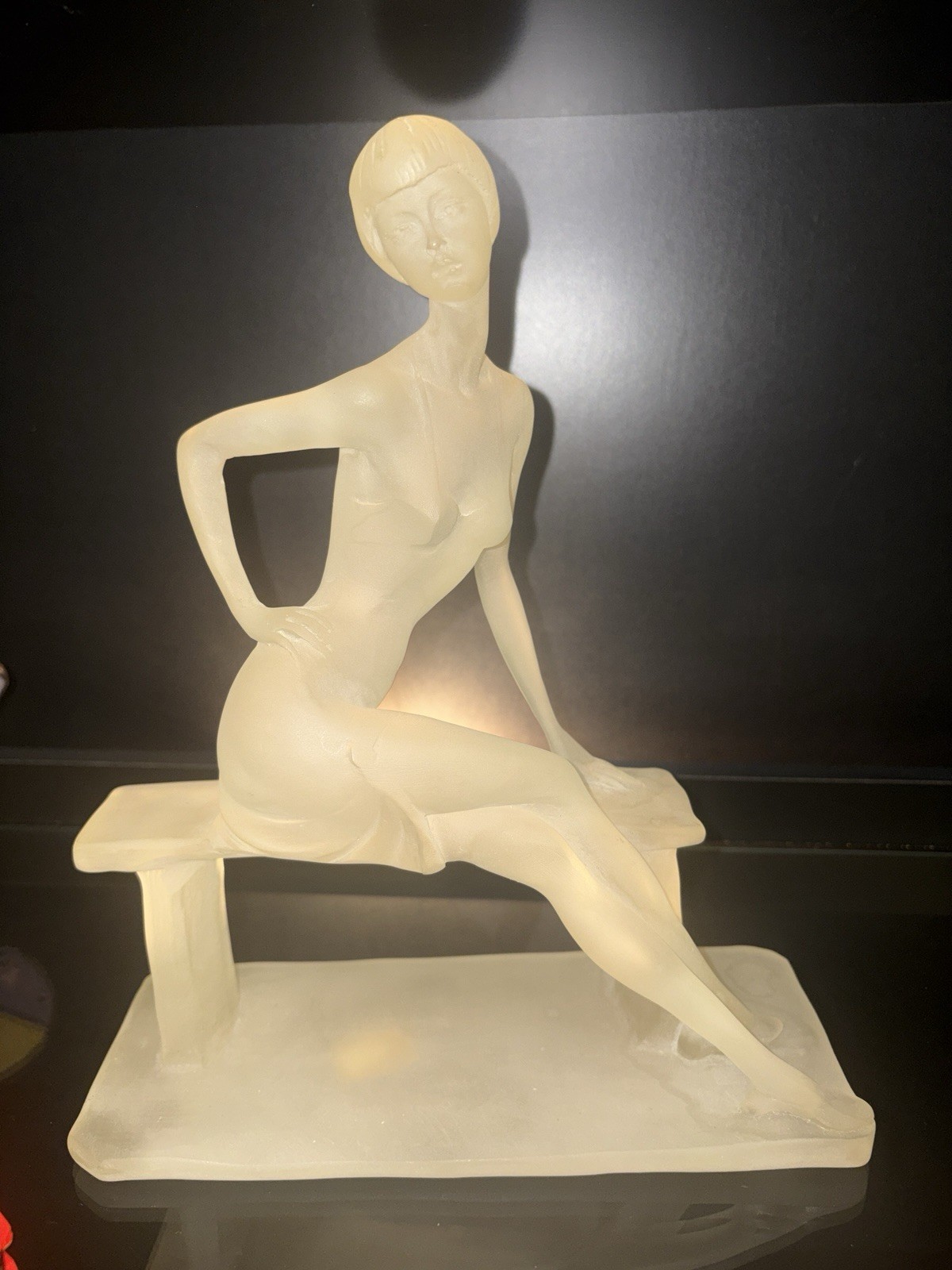 Frosted Lucite Art Deco Woman On Bench MCM. Mirage Ltd. Hauppauge, NY Frosted Lucite Art Deco Woman On Bench MCM. Mirage Ltd. Hauppauge, NY