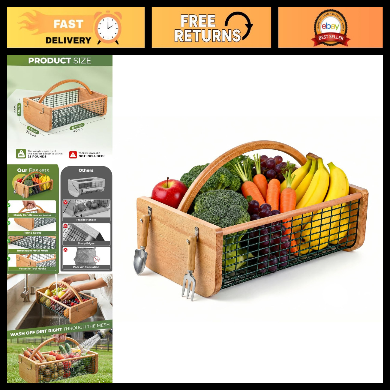 Durable Wooden Garden Hod Harvest Basket with Metal Mesh for Vegetable Picking, Durable Wooden Garden Hod Harvest Basket with Metal Mesh for Vegetable Picking,