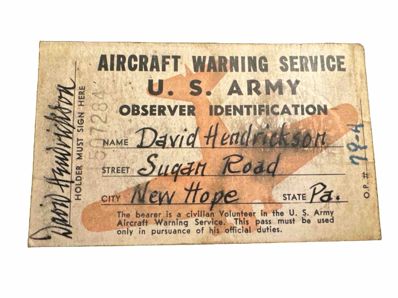 Issued WWII US Army Aircraft Warning Service Observer ID Card
