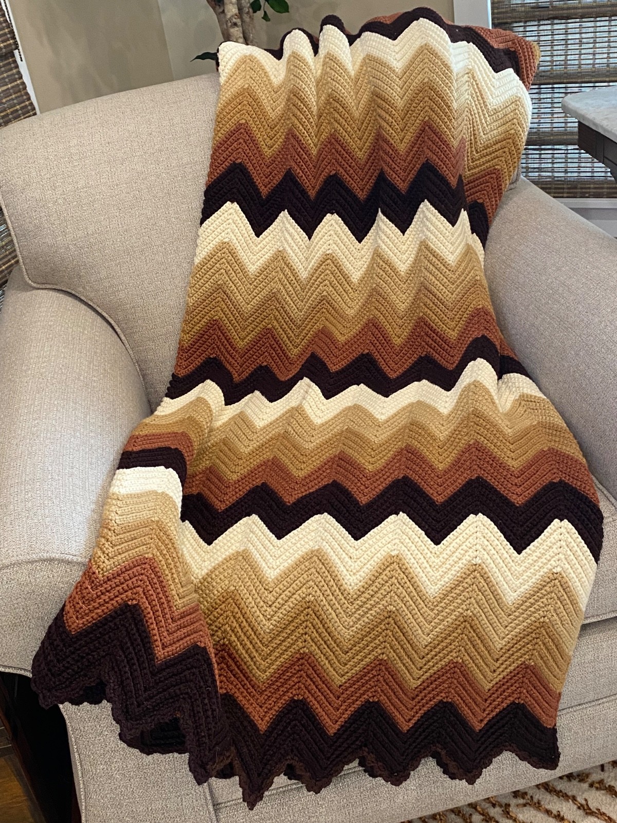 Large, Crochet Chevron Afghan Blanket, Earthtones, Cottagecore &More Near Mint