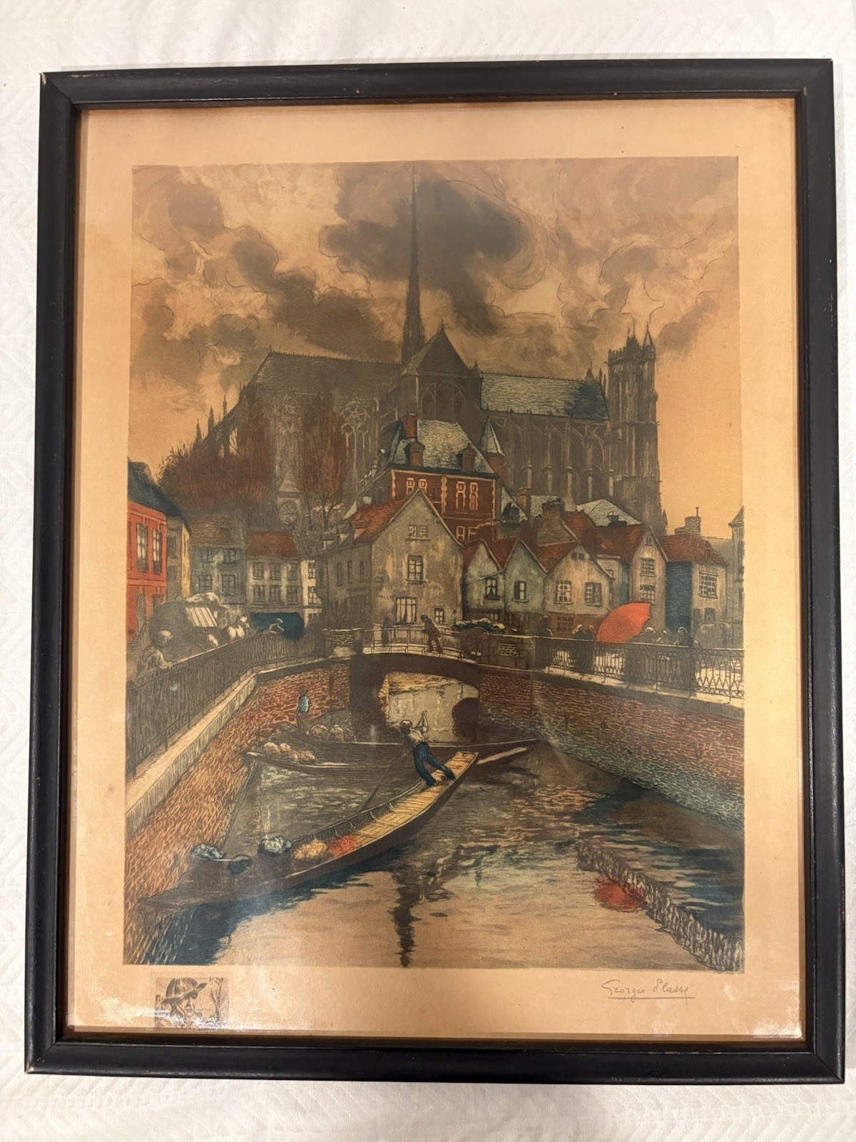 Signed G Plasse Print Amiens Cathedral French Water Market Framed Vintage Signed G Plasse Print Amiens Cathedral French Water Market Framed Vintage
