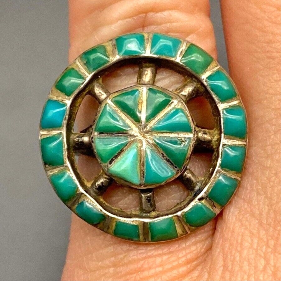 Vintage Zuni Native Turquoise Inlay Silver Ring Size 4.75 Vintage Zuni Native Turquoise Inlay Silver Ring Size 4.75