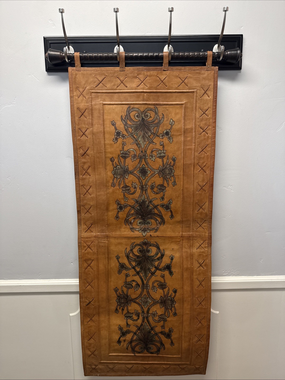 Antique Leather Wall Decor Tapestry Art Painted Scrollwork Stitched Border Antique Leather Wall Decor Tapestry Art Painted Scrollwork Stitched Border