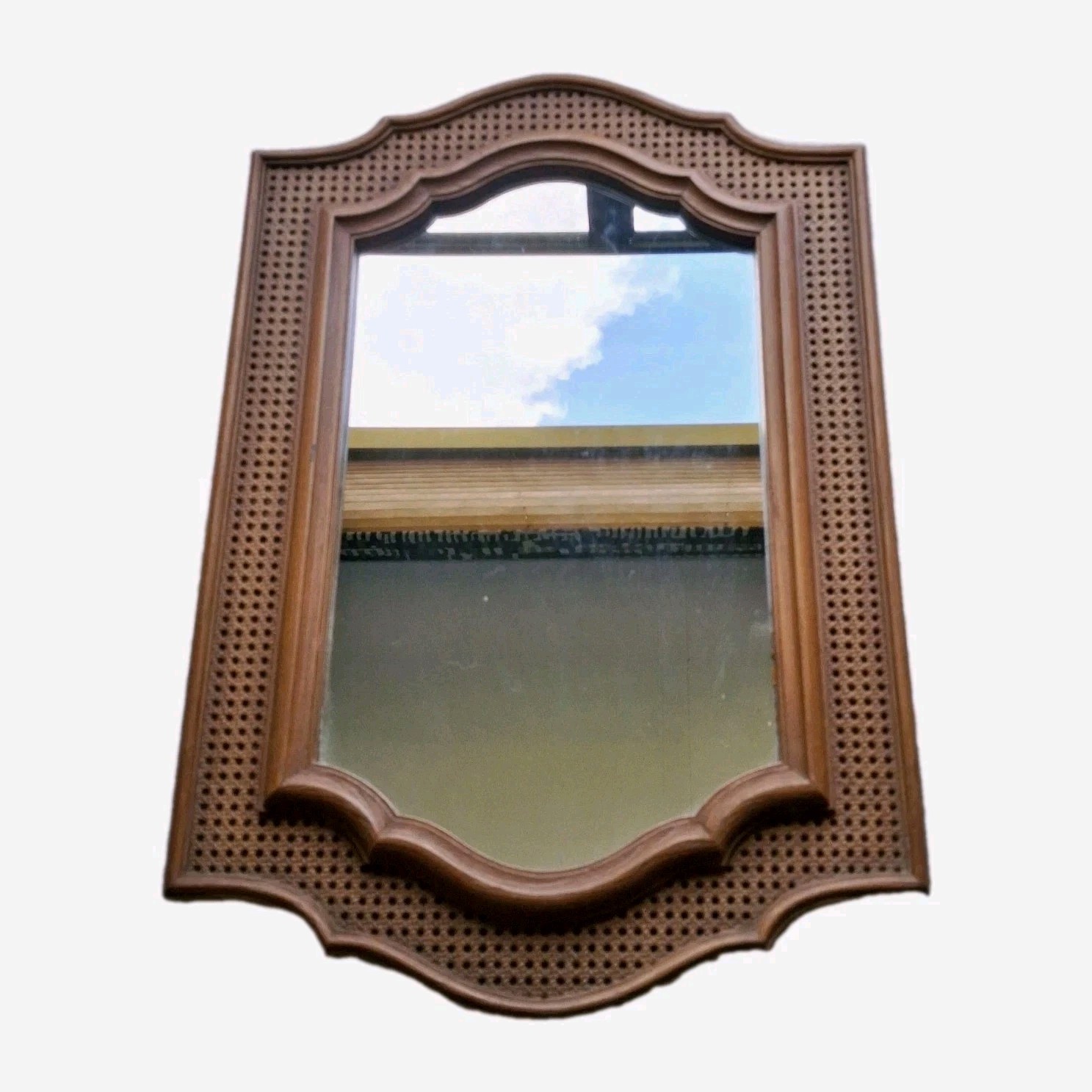 Vintage Homco Brown Faux Wicker Rattan Large Rectangular Mirror Wall Accent 26"