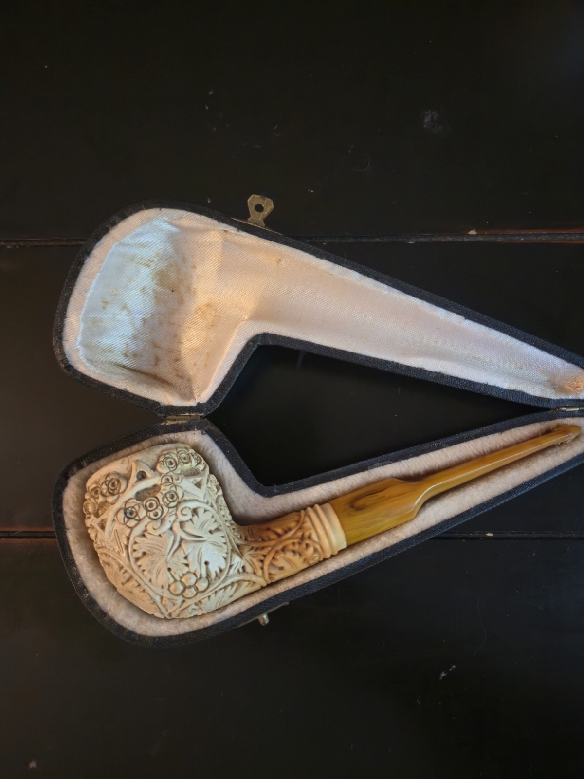 Antique Hand-Carved Meerschaum Estate Pipe Floral Motif Amber Stem Fitted Case Antique Hand-Carved Meerschaum Estate Pipe Floral Motif Amber Stem Fitted Case