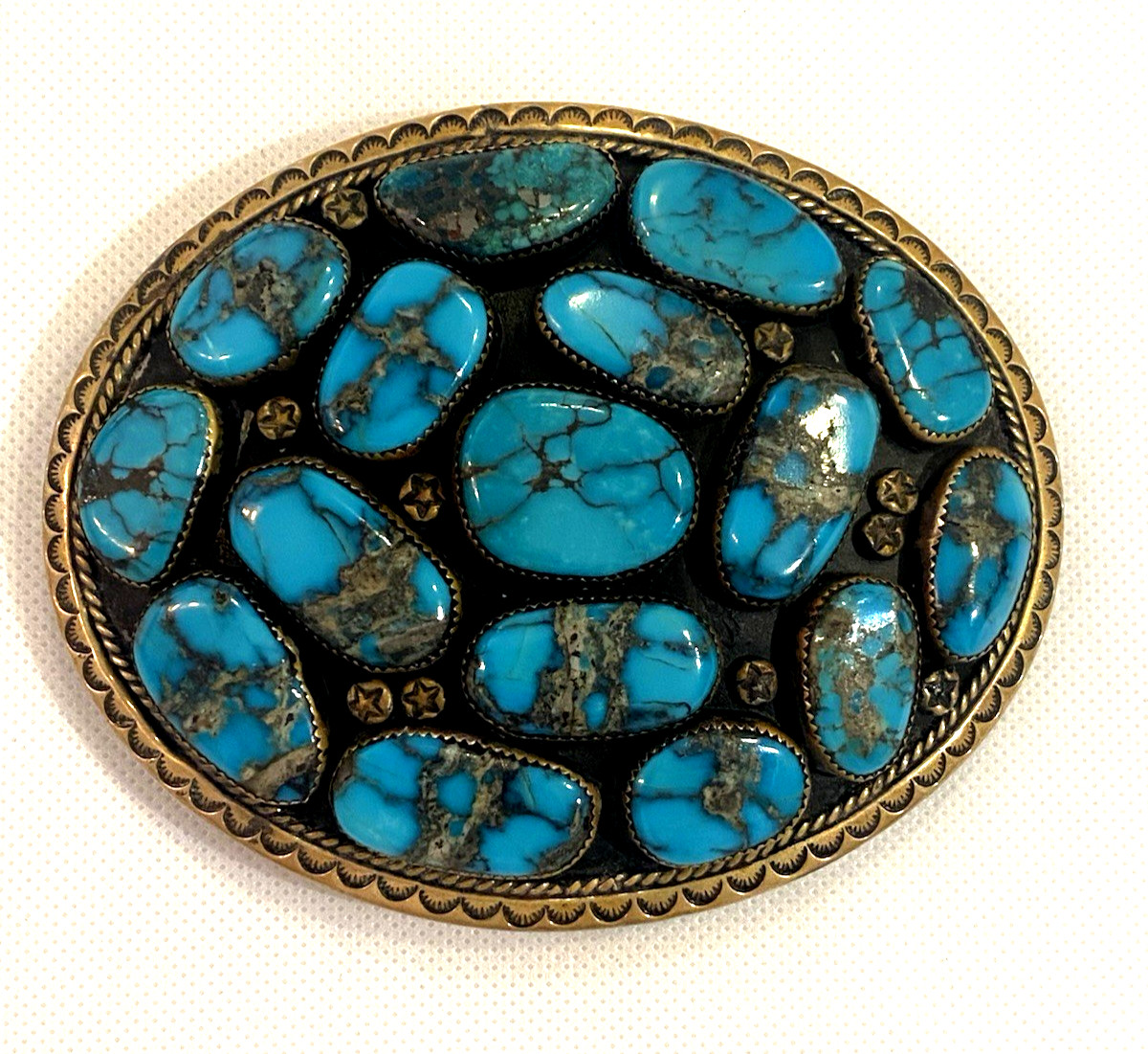 Vtg Chunky 16 Turquoise Stones Polished Nickel Silver Oval Belt Buckle 168 Grams Vtg Chunky 16 Turquoise Stones Polished Nickel Silver Oval Belt Buckle 168 Grams