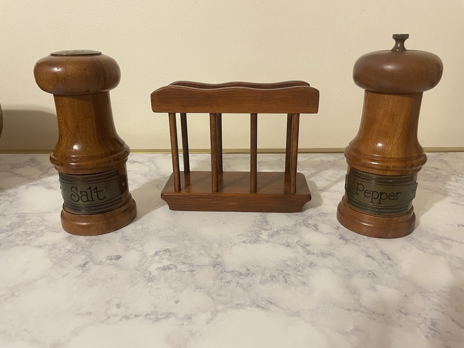 Vintage 1970’s Wooden Salt Shaker Pepper Mill & Napkin Holder Set, 3 Piece, MCM