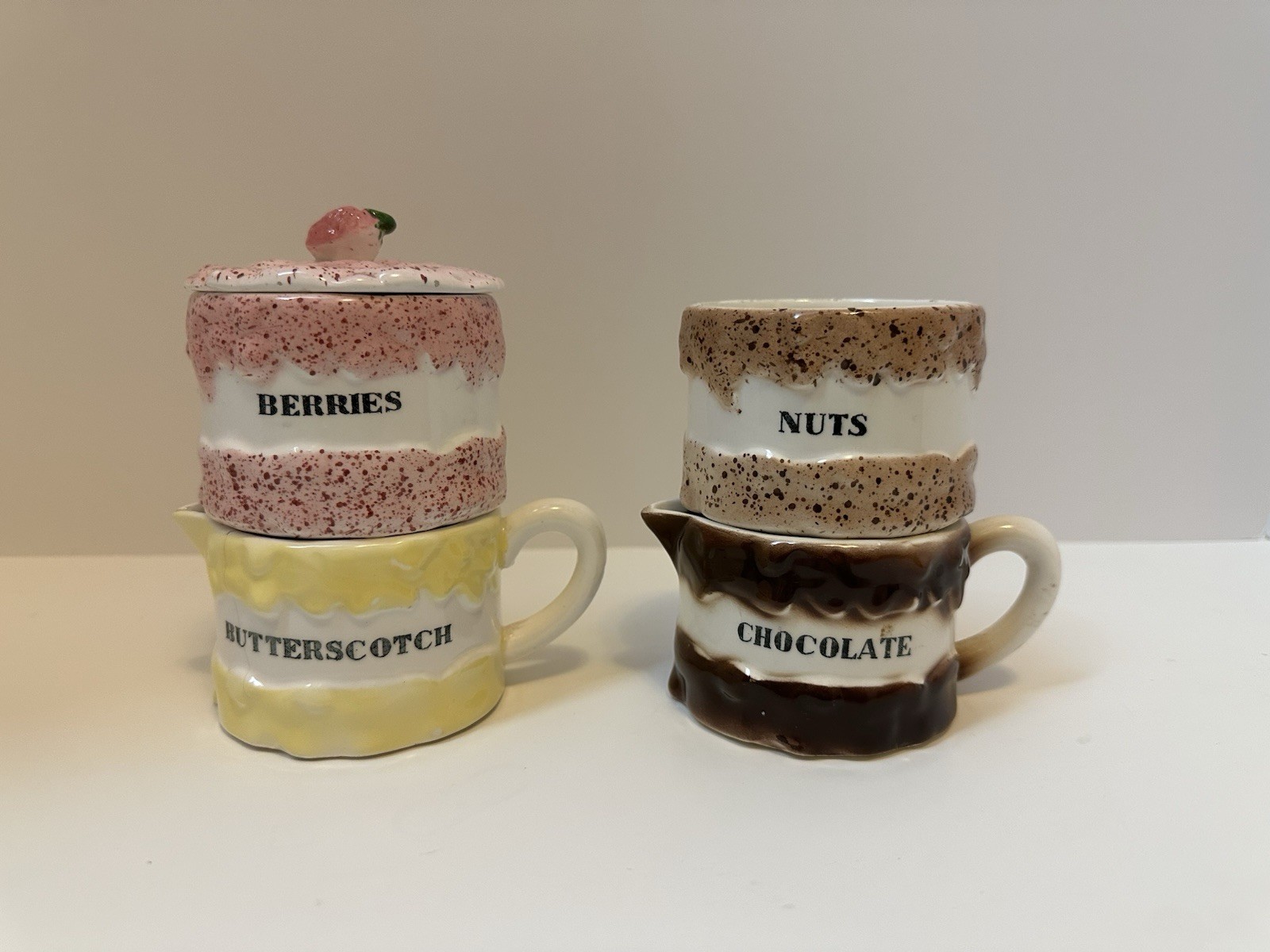 Holt Howard 1959 Ceramic Ice Cream Sundae Set-Chocolate Nuts Berries & Buttersco