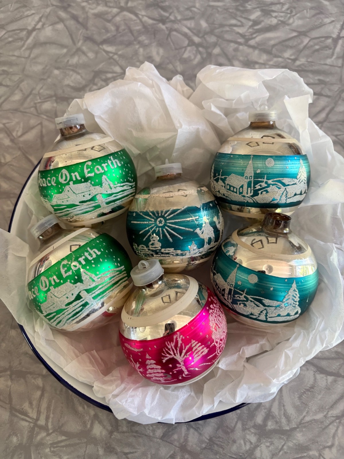 Vintage Six Shiny Brite Stenciled Glass Ornaments 1970s Poloron Plastic Caps USA