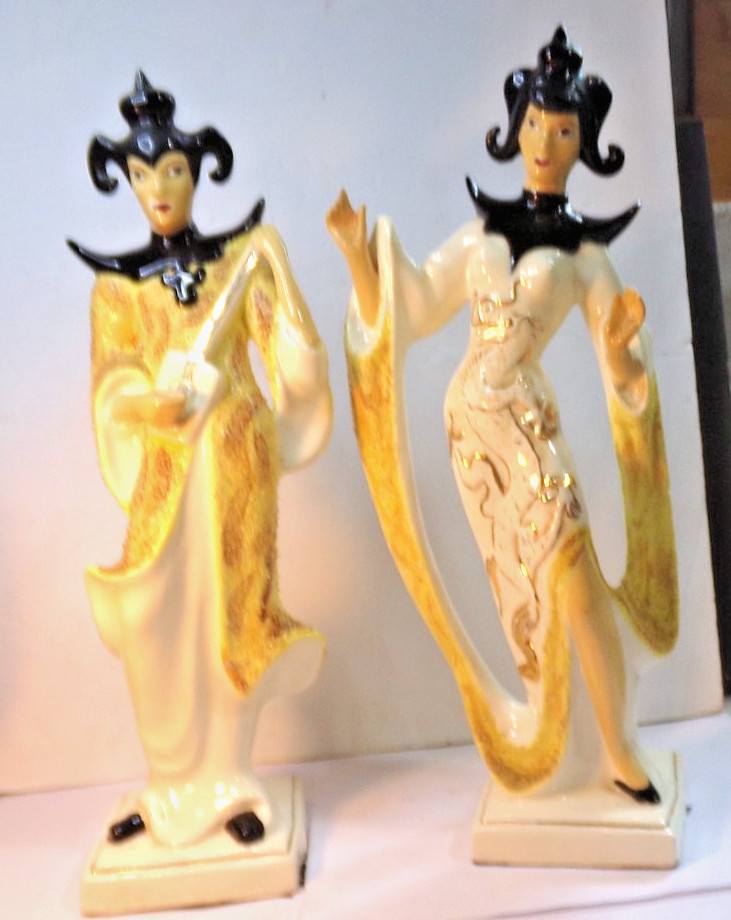 Vintage MCM Chinese Oriental Asian Man + Woman Figurines Unbranded GILNER? 16"
