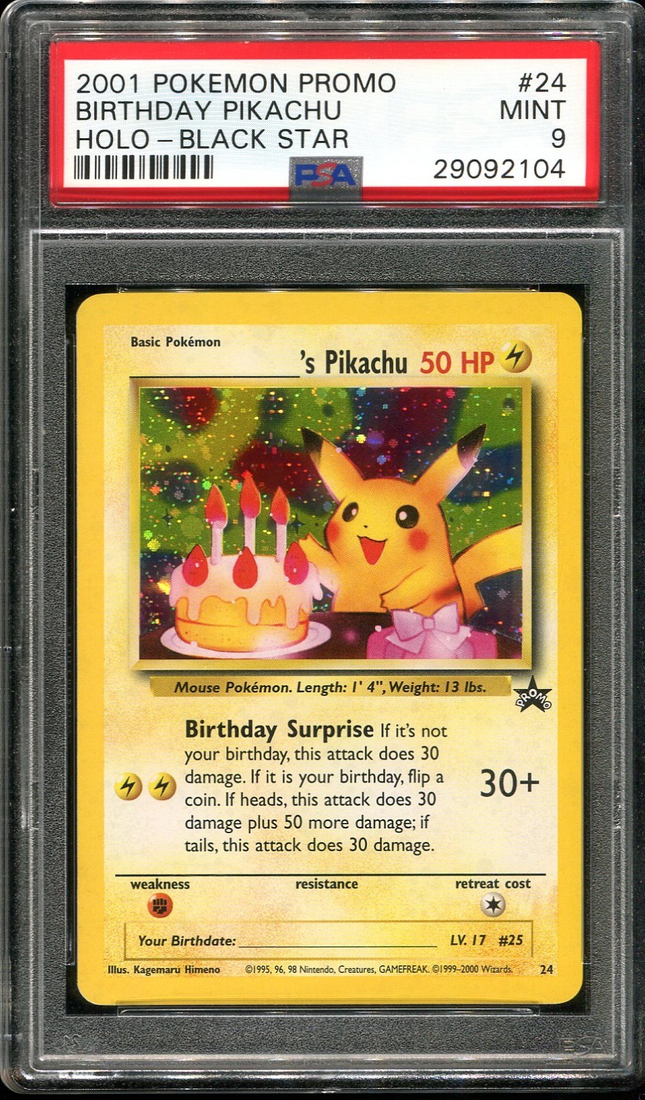 PSA 9 Birthday Pikachu Holo #24 Black Star Promo Pokemon Card 2001 MINT WOTC PSA 9 Birthday Pikachu Holo #24 Black Star Promo Pokemon Card 2001 MINT WOTC