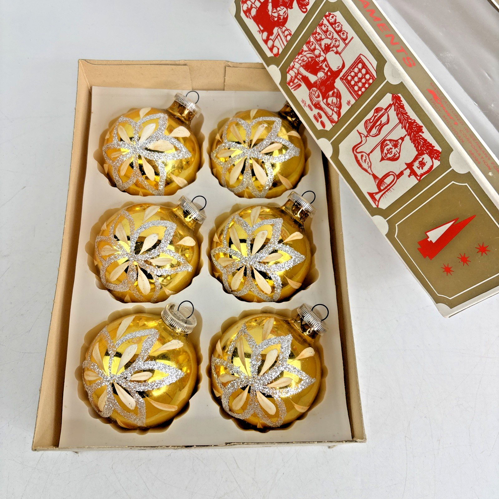 Box of 6 Vintage W Germany Bavaria Gold Glass Hand Painted Christmas Ornaments Box of 6 Vintage W Germany Bavaria Gold Glass Hand Painted Christmas Ornaments