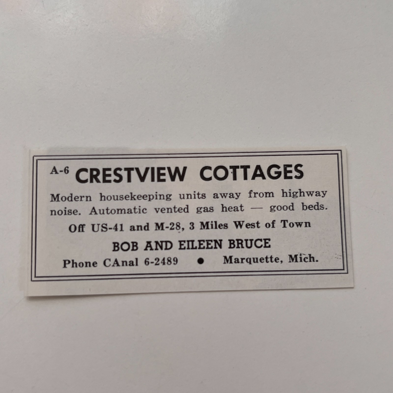 Crestview Cottages Bob & Eileen Bruce Marquette 1958 MI Ad TAK3-S25