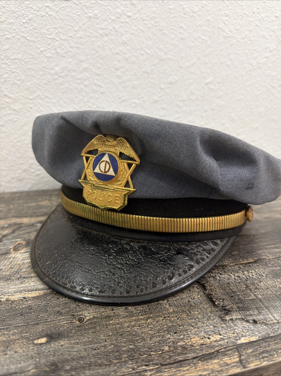 Vintage 1950s-60s US Civil Defense Auxiliary Police Cap CD Badge Leon Uniform Co Vintage 1950s-60s US Civil Defense Auxiliary Police Cap CD Badge Leon Uniform Co