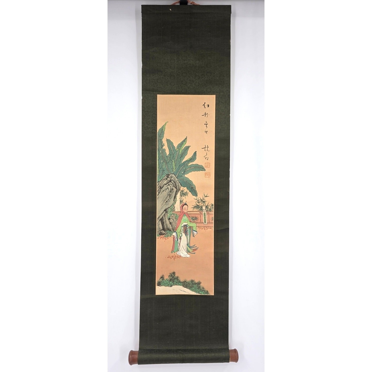 Vintage Chinese Textile Hanging Scroll Court Lady Garden Calligraphy Red Seals Vintage Chinese Textile Hanging Scroll Court Lady Garden Calligraphy Red Seals