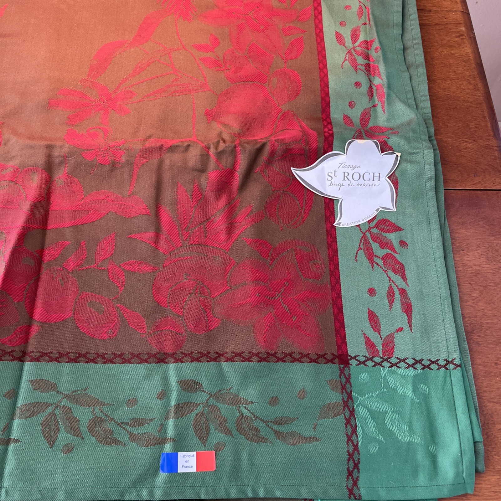 Vintage Large Red Green Brown St Roche, Made In France Tablecloth+ 8 Naps Vintage Large Red Green Brown St Roche, Made In France Tablecloth+ 8 Naps