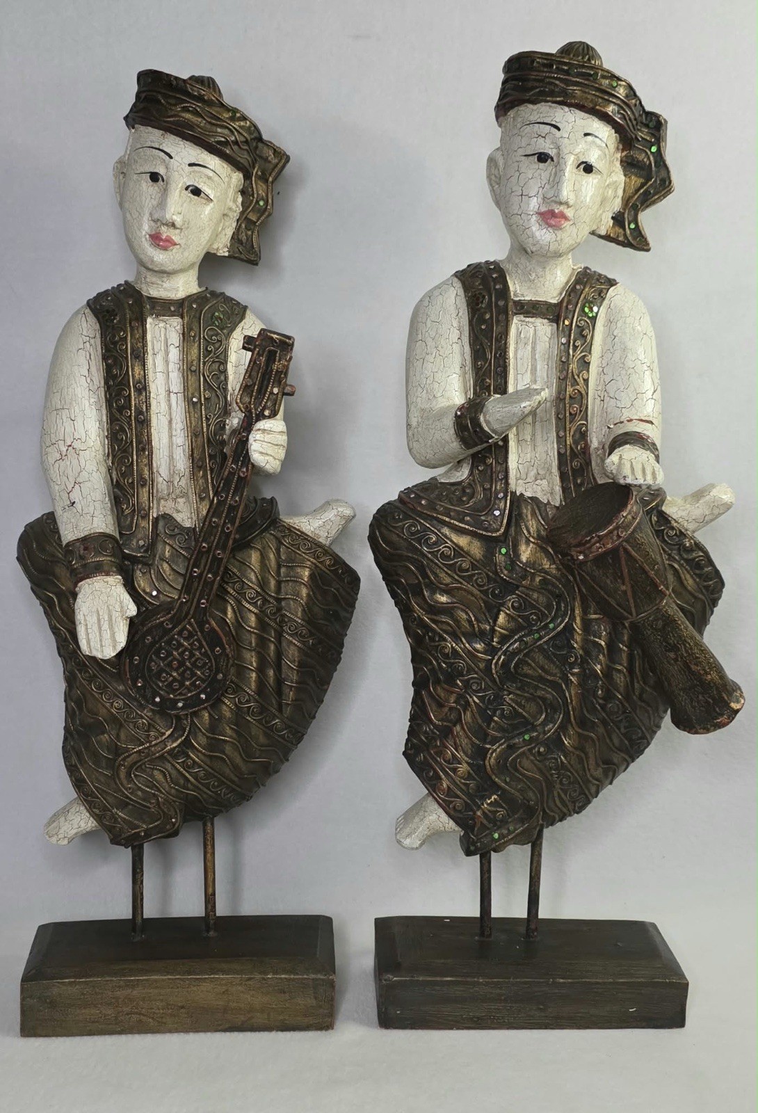 Vintage Thai Burmese Carved Wood Musician Statues Pair 27” Crackle Mirror Inlay Vintage Thai Burmese Carved Wood Musician Statues Pair 27” Crackle Mirror Inlay