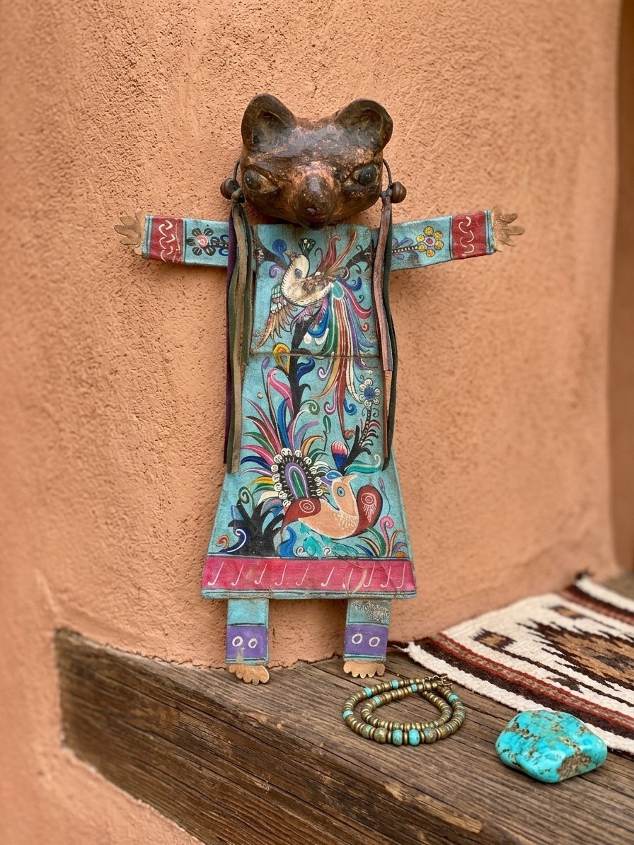 Vintage Mexican Cat Guardian Figure Nahua Guerrero Leather 18 in