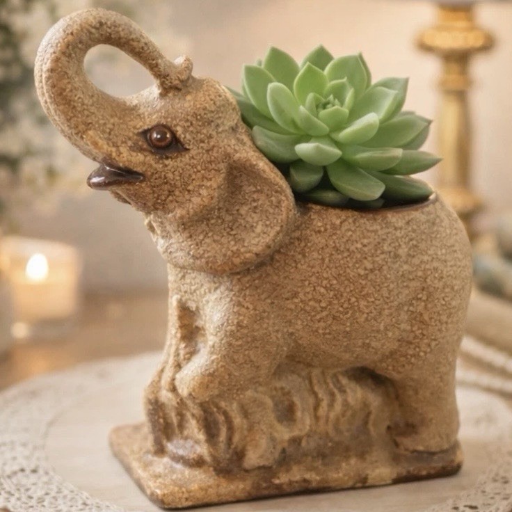 VTG Elephant Planter Royal Haeger Pottery Trunk Up Sand Glaze Animal MCM USA 7”