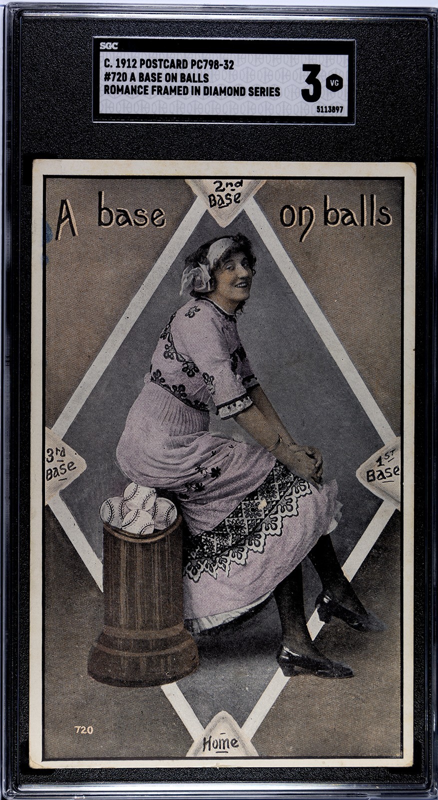 1912 PC798-32 Baseball Postcard "A Base on Balls" Romance Diamond Series - SGC 3 1912 PC798-32 Baseball Postcard "A Base on Balls" Romance Diamond Series - SGC 3