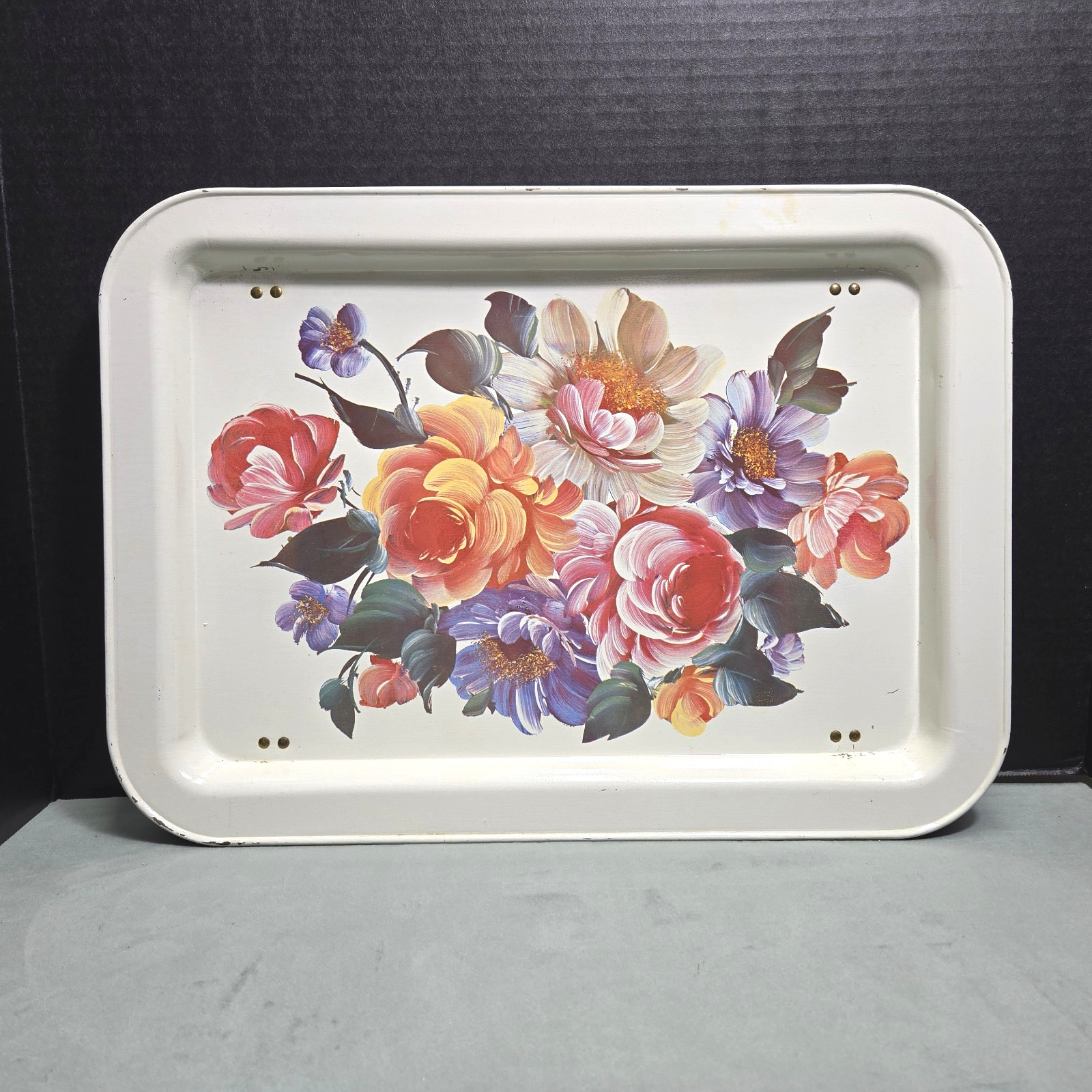 Vintage MCM Cream Metal Lap Tray Folding Legs TV tray Floral Rose Platter Vintage MCM Cream Metal Lap Tray Folding Legs TV tray Floral Rose Platter