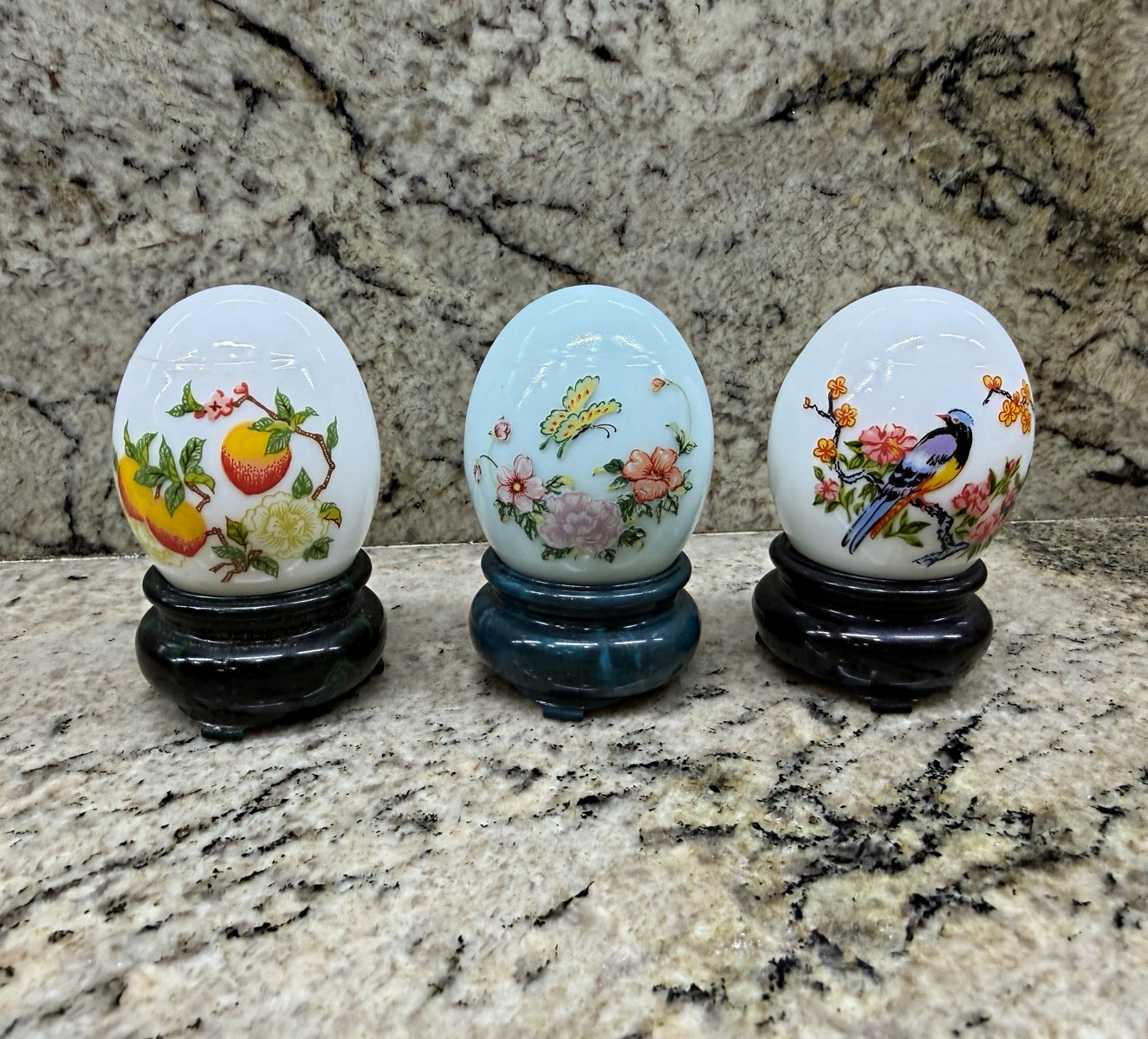 Vintage Avon Set of 3 Miniature Hand-Painted Glass Egg Perfume Bottles