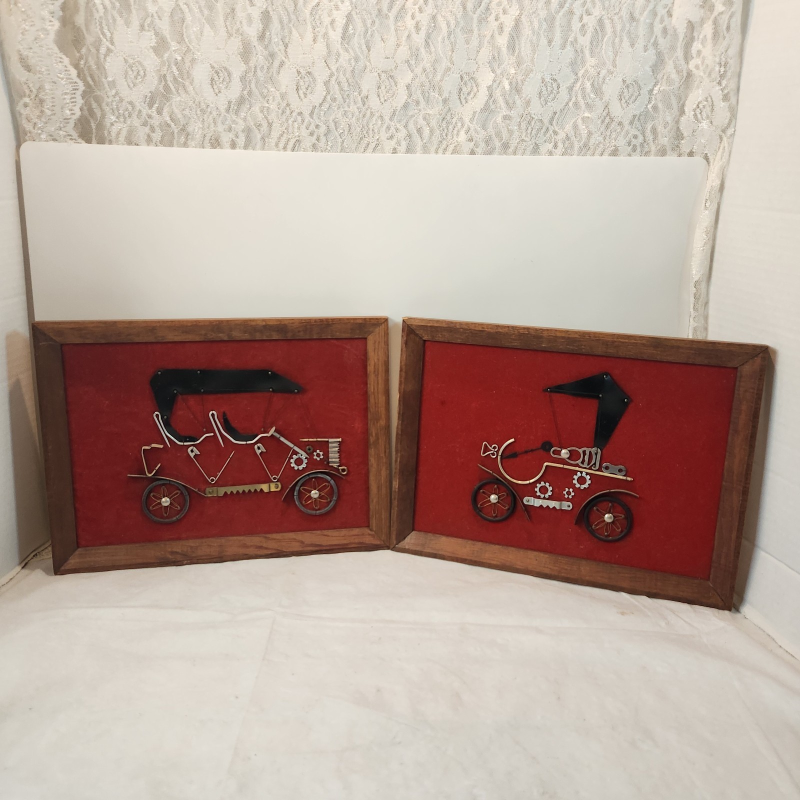 VTG Folk Art Classic Car Picture Set 1970's,steam Punk, Art Kitsch, Wall Hanging