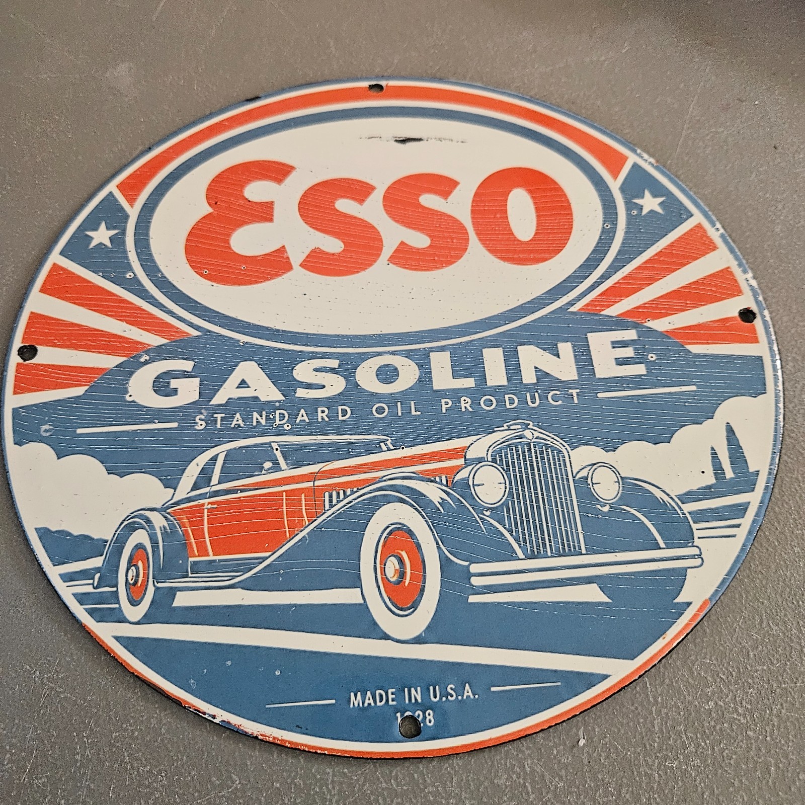 VINTAGE 1928 ESSO GASOLINE 12" PORCELAIN ENAMEL METAL SIGN STANDARD OIL GAS PUMP VINTAGE 1928 ESSO GASOLINE 12" PORCELAIN ENAMEL METAL SIGN STANDARD OIL GAS PUMP