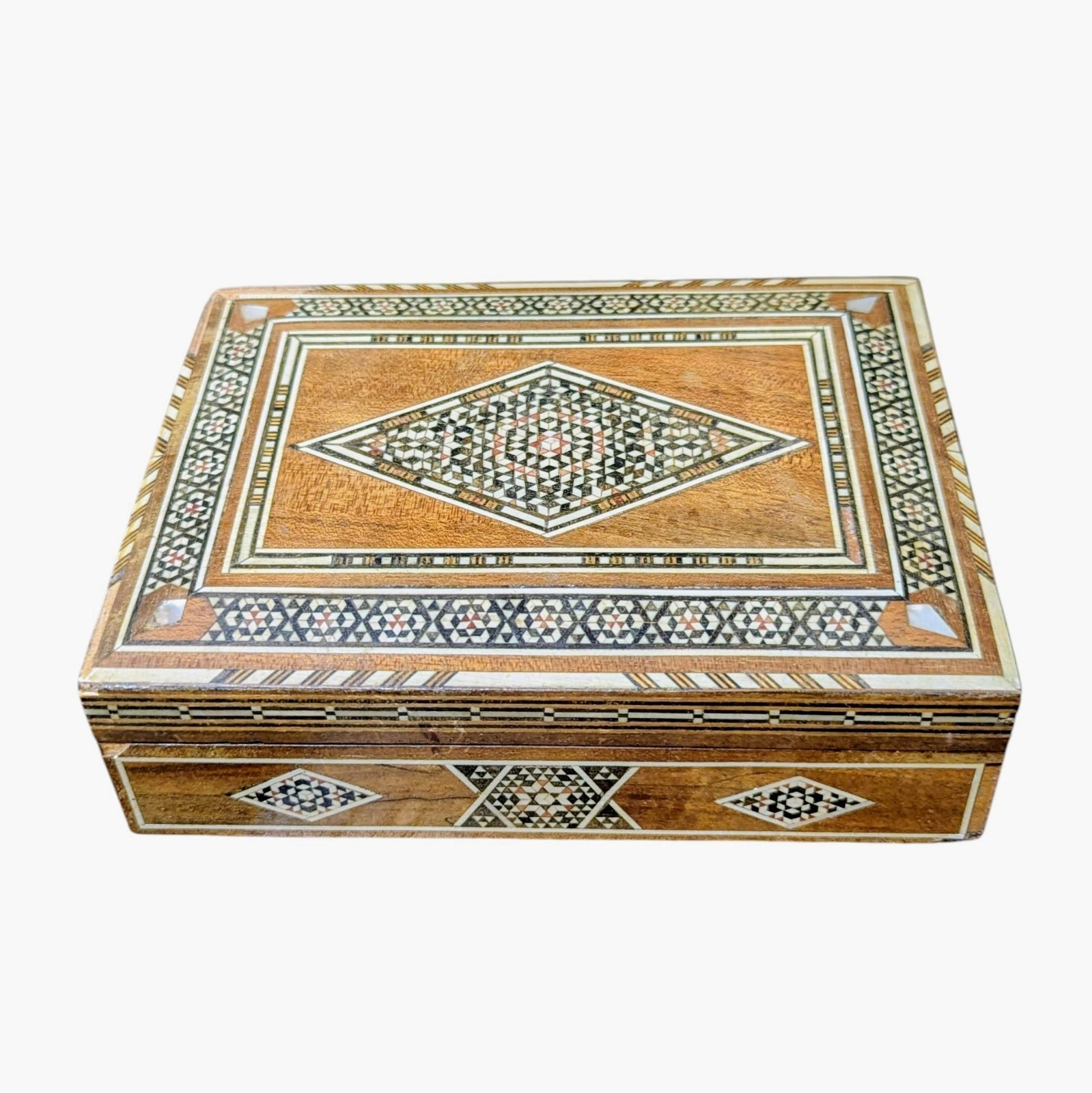 Vtg Middle Eastern Carved Walnut Inlay Wood Mother of Pearl Mosaic Box Hand Made Vtg Middle Eastern Carved Walnut Inlay Wood Mother of Pearl Mosaic Box Hand Made