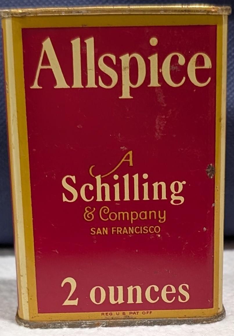 Vintage 1933 Schilling Allspice 2 Oz Spice Tin Red Gold Kitchen - 1193 Vintage 1933 Schilling Allspice 2 Oz Spice Tin Red Gold Kitchen - 1193