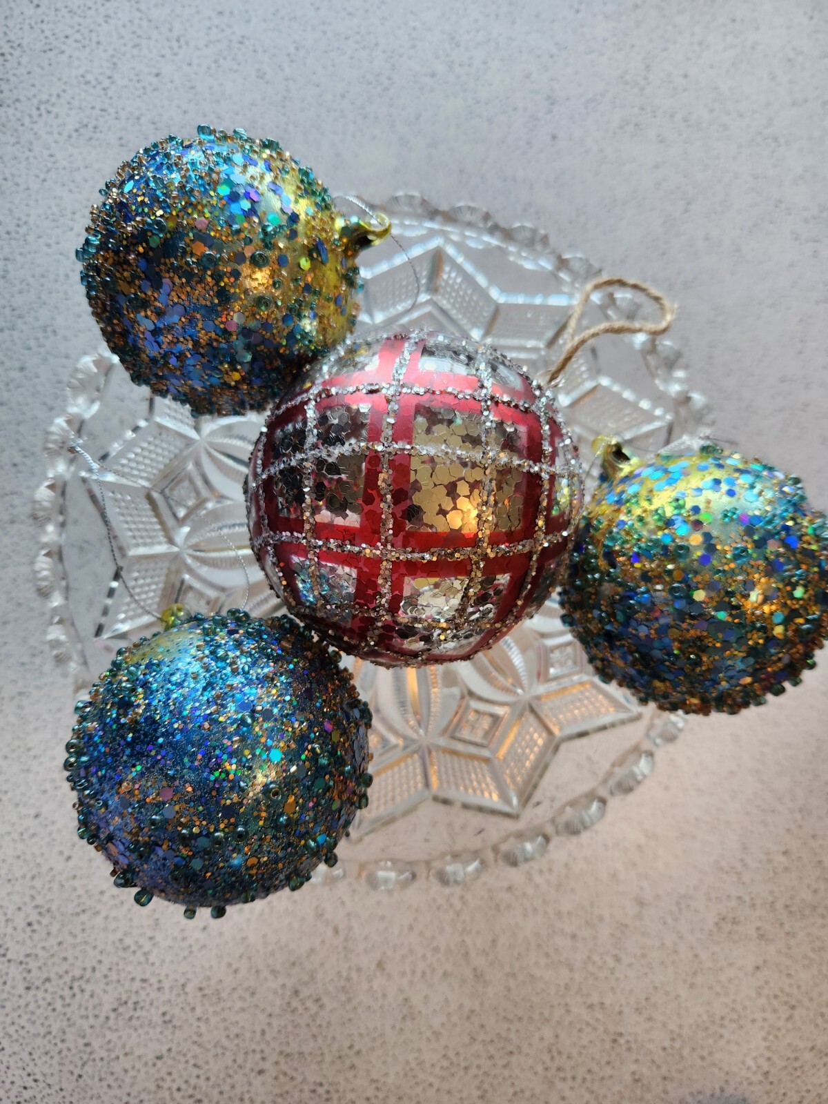 Vintage Christmas Tree Ornaments Sparkling Lot Of 4 Silver Blues Red Gold Tones Vintage Christmas Tree Ornaments Sparkling Lot Of 4 Silver Blues Red Gold Tones