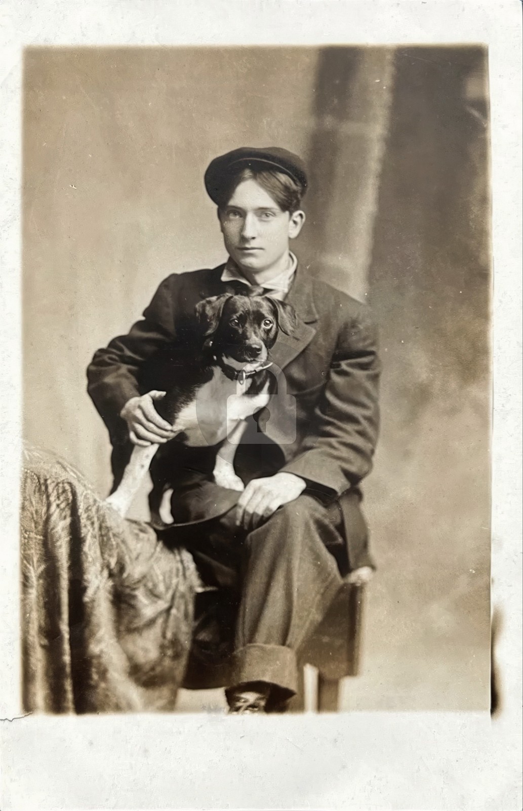 Handsome Young Man & Dog Studio Portrait RPPC Photo Postcard COPY