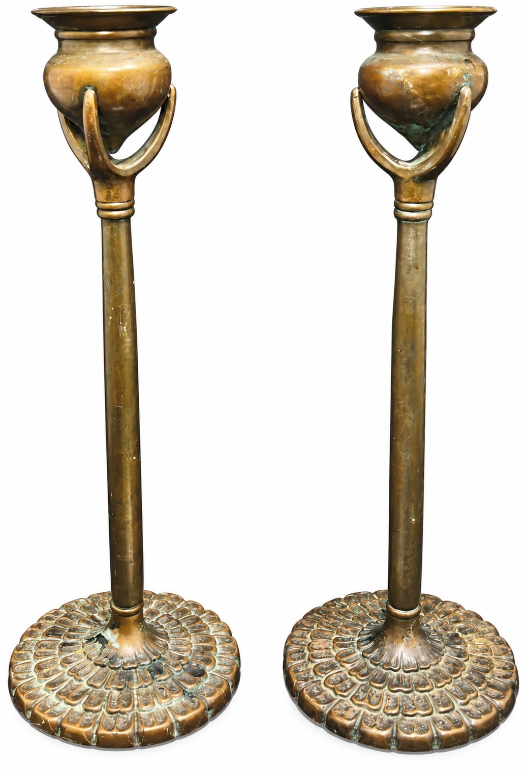 Pair Tiffany Era Bronze Art Nouveau 12" Candle Holders Candlesticks Antique ? Pair Tiffany Era Bronze Art Nouveau 12" Candle Holders Candlesticks Antique ?