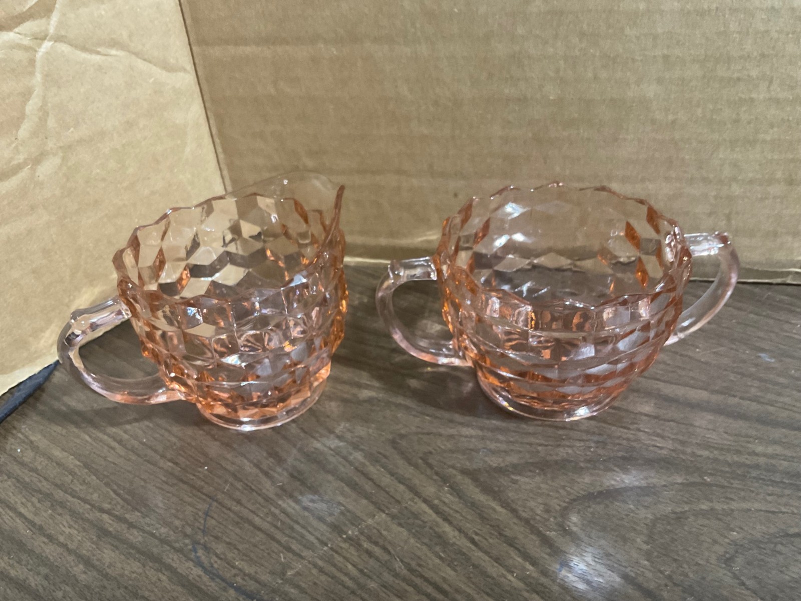 vintage sugar & creamer set .. pink Jeanette cubist depression glass