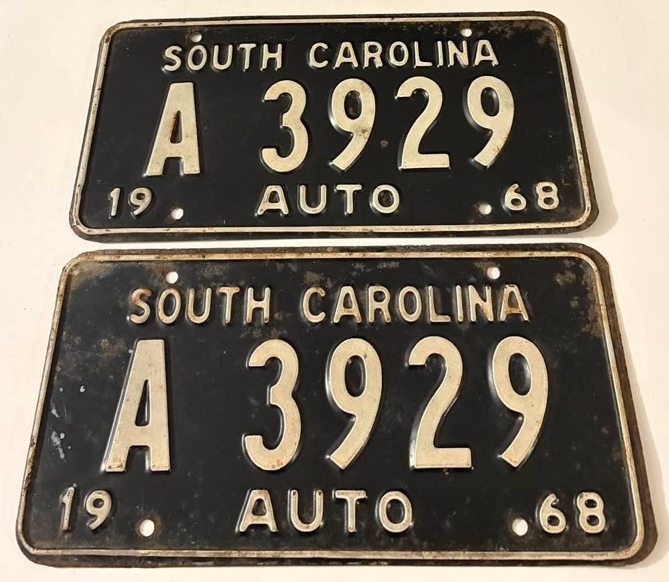 Vintage 1968 South Carolina License Plate Pair A 3929 Vintage 1968 South Carolina License Plate Pair A 3929