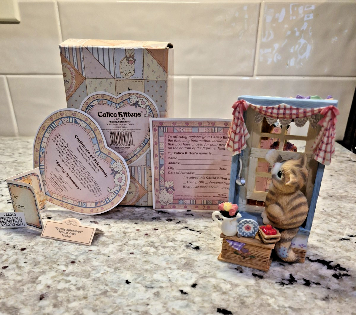 ENESCO Calico Kittens 785040 "Spring " Cat w/basket of berries NEW, Box ENESCO Calico Kittens 785040 "Spring " Cat w/basket of berries NEW, Box