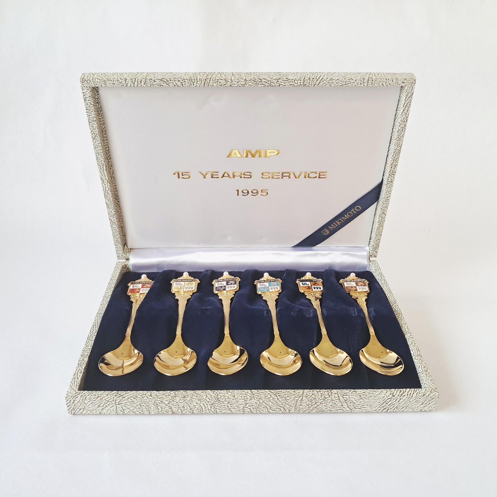 Mikimoto Pearl Spoons Set 6 Gold Plated AMP 15 Years Service 1995 Boxed 13cm