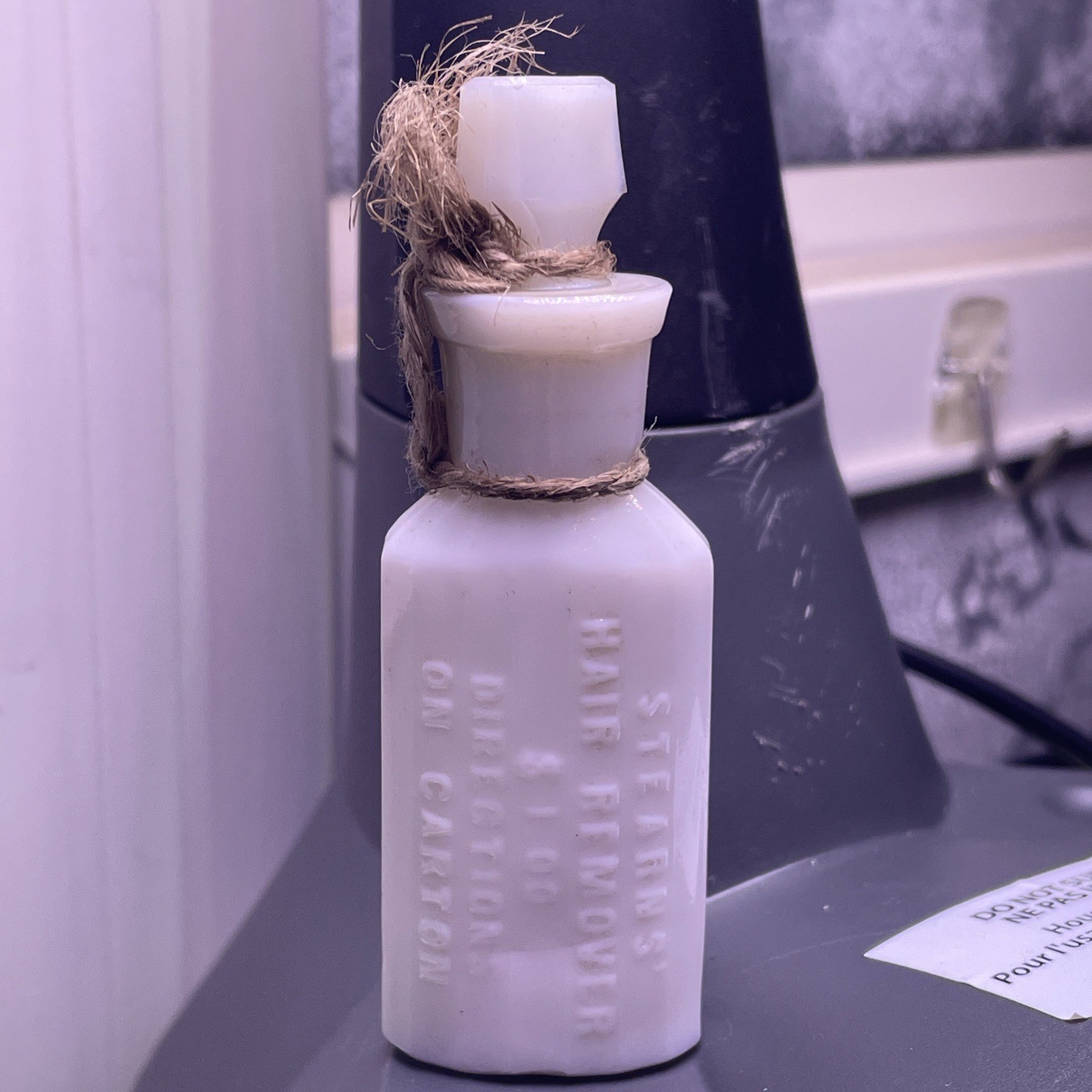 Antique 1890’s Stearn’s Milk Glass Hair Remover Bottle with Stopper, Detroit MI