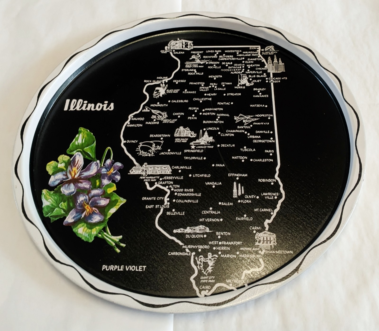 Vintage Illinois Souvenir Tin Tray Metal Map Platter Purple Retro Americana Vintage Illinois Souvenir Tin Tray Metal Map Platter Purple Retro Americana