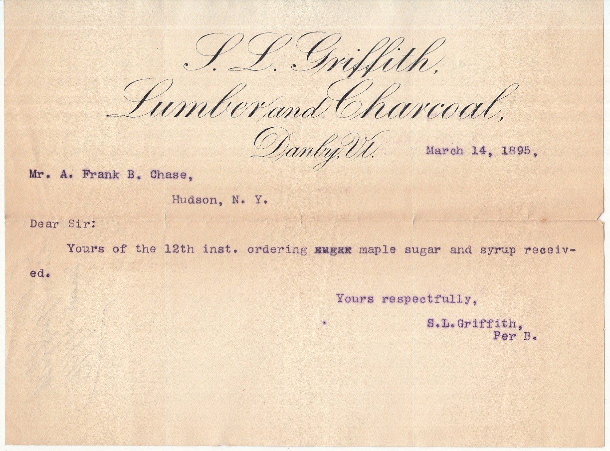 1895 L.L. Griffith Lumber & Coal Danby VT Maple Sugar Syrup Legal Letter 1895 L.L. Griffith Lumber & Coal Danby VT Maple Sugar Syrup Legal Letter