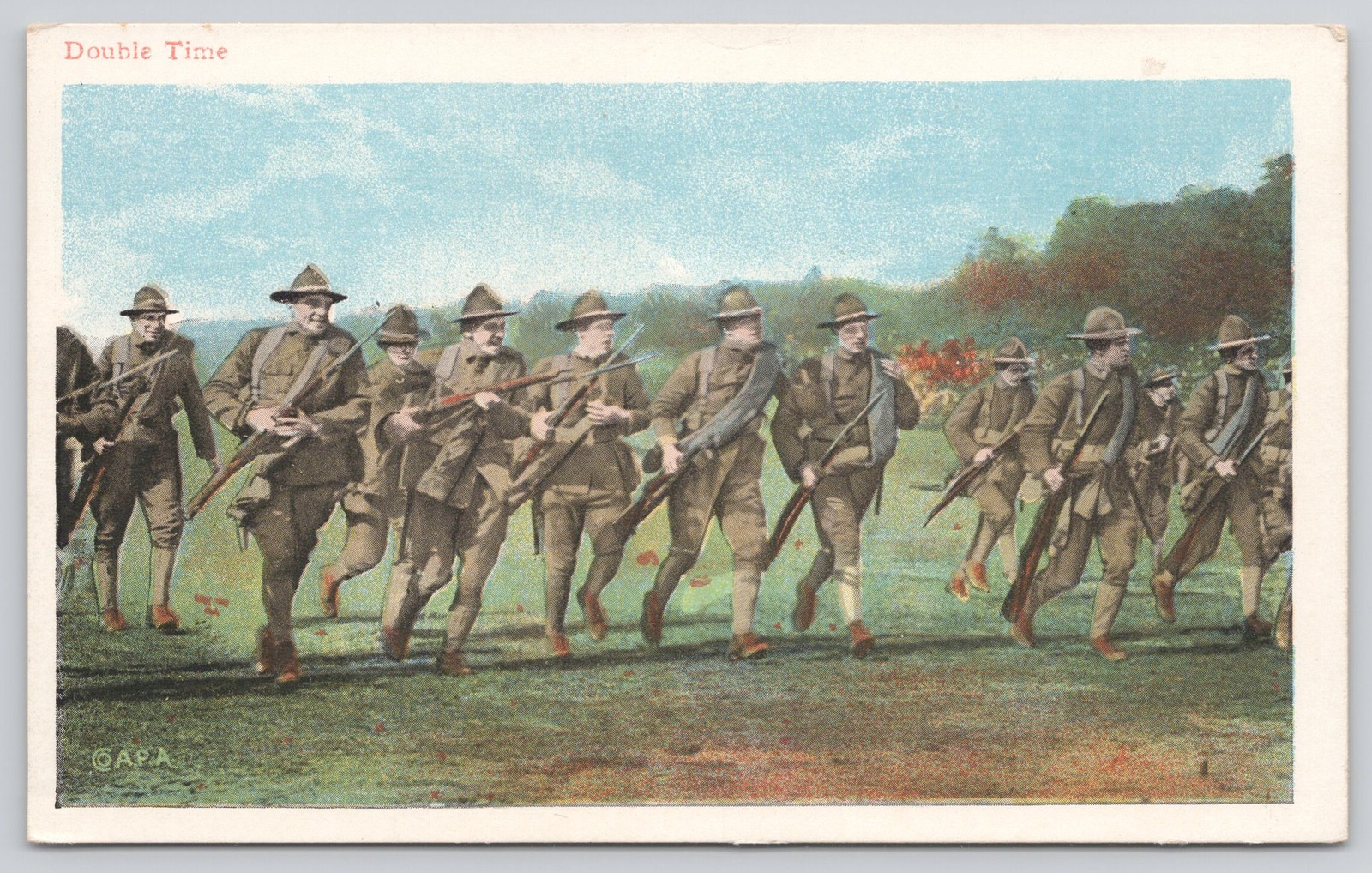 "Double Time" WWI Era Military Training Camp Bayonet Drill Postcard "Double Time" WWI Era Military Training Camp Bayonet Drill Postcard