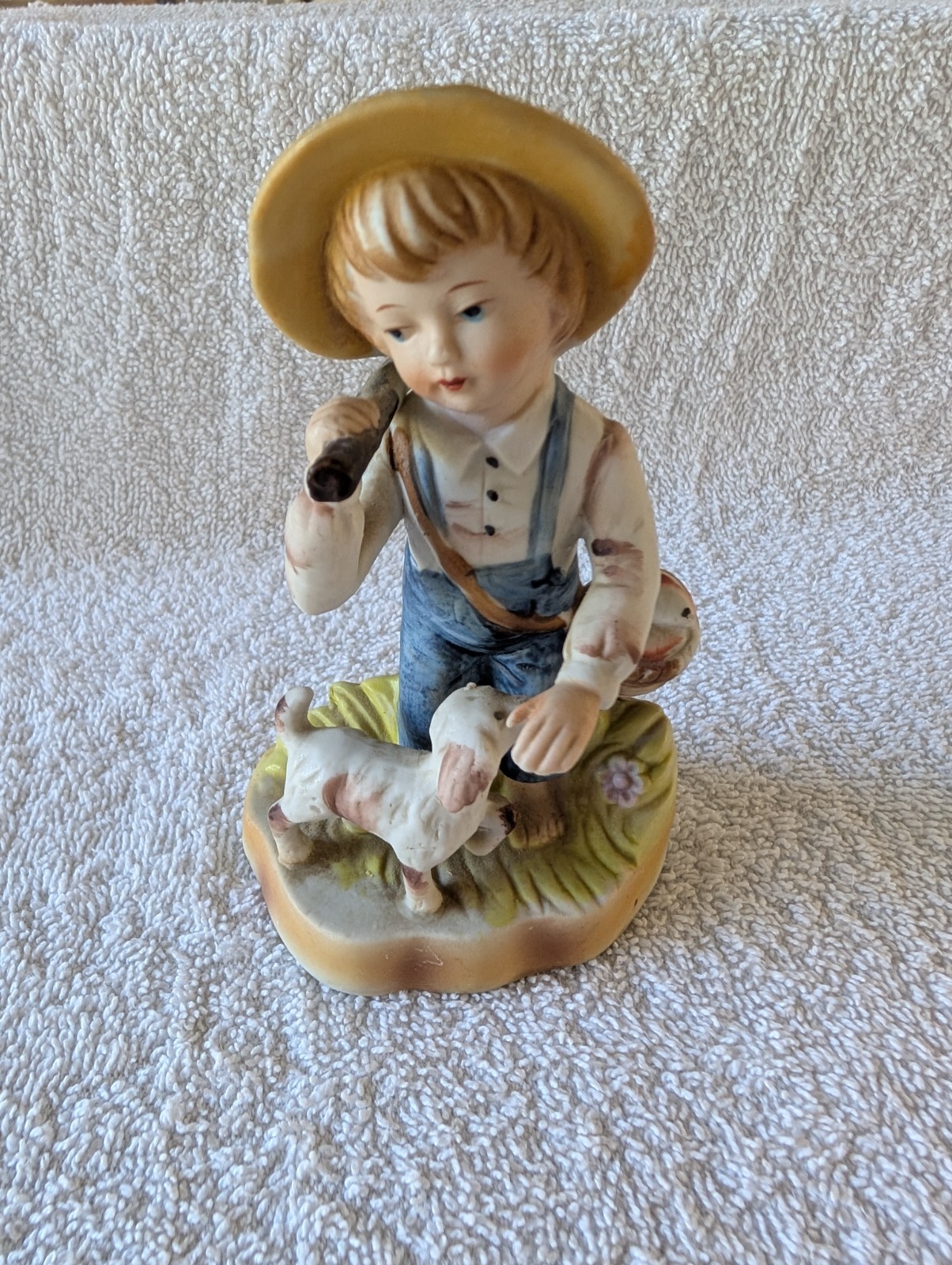 Vintage Hand Painted Bisque Farm Boy with Dog Figurine Gone Fishing 5 " Tall