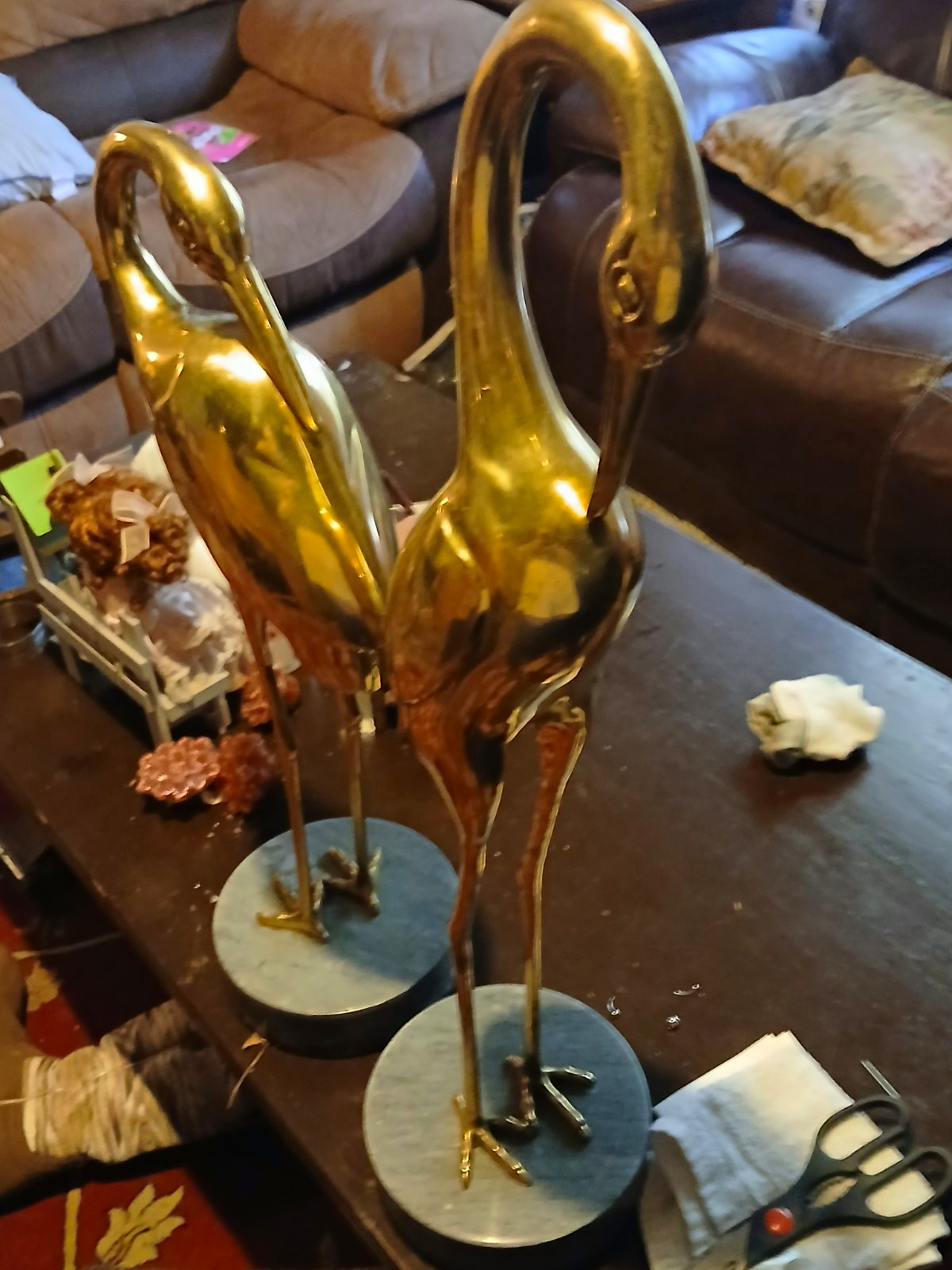 A Set Of Vintage Solid Brass Cranes With Solid Marble Stand A Set Of Vintage Solid Brass Cranes With Solid Marble Stand