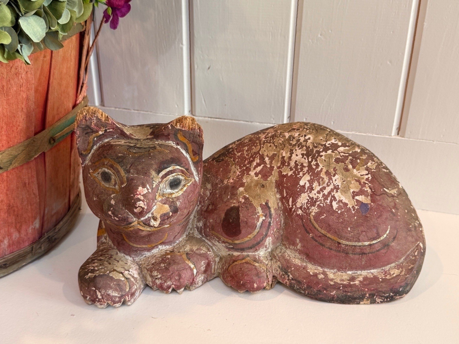 Vintage Carved Hand Painted Wood Reclining Cat 13” Folk Art, Rustic & Chippy Vintage Carved Hand Painted Wood Reclining Cat 13” Folk Art, Rustic & Chippy