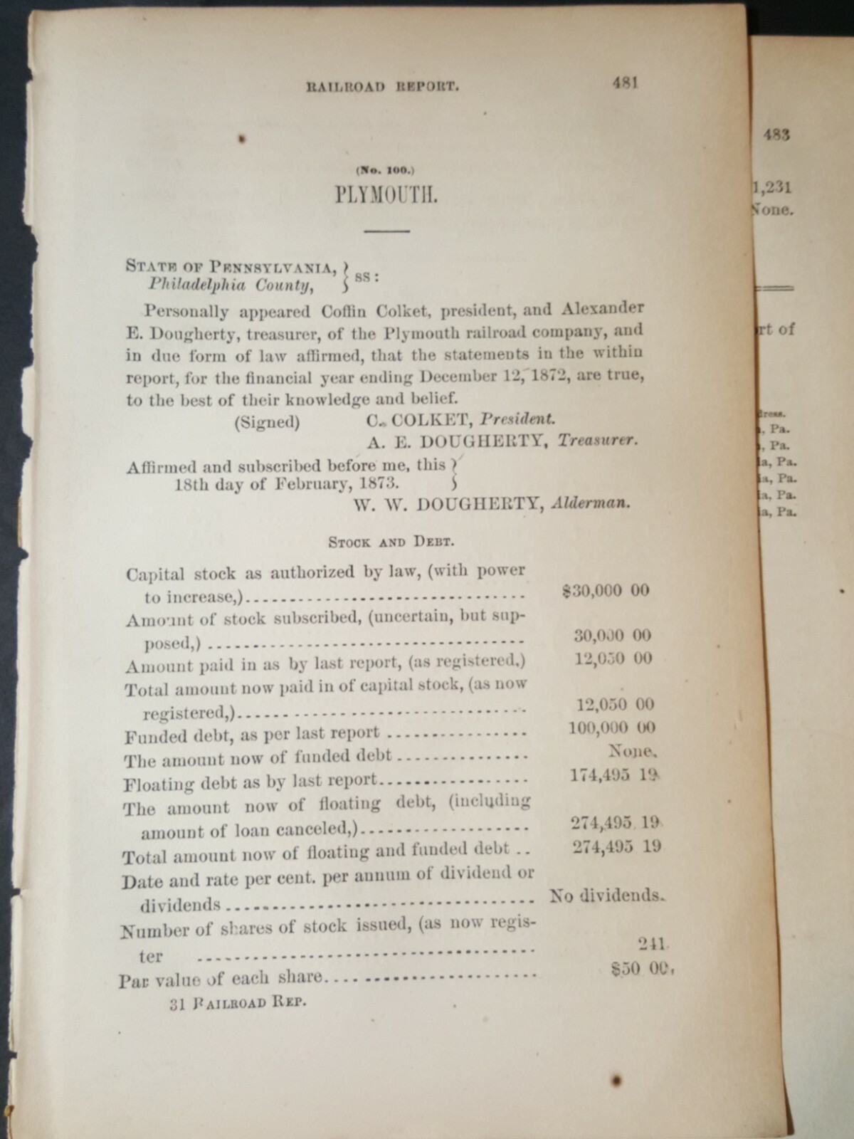 1873 train report PLYMOUTH RAILROAD COMPANY Oreland Conshohocken Pennsylvania 1873 train report PLYMOUTH RAILROAD COMPANY Oreland Conshohocken Pennsylvania